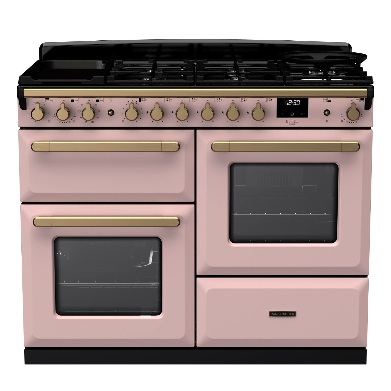 Rangemaster Estel Deluxe 110 Dual Fuel range cooker in Pale Pink with Antique Brass trim