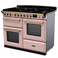 Rangemaster Estel Deluxe 110 Dual Fuel range cooker in Pale Pink with Antique Brass trim