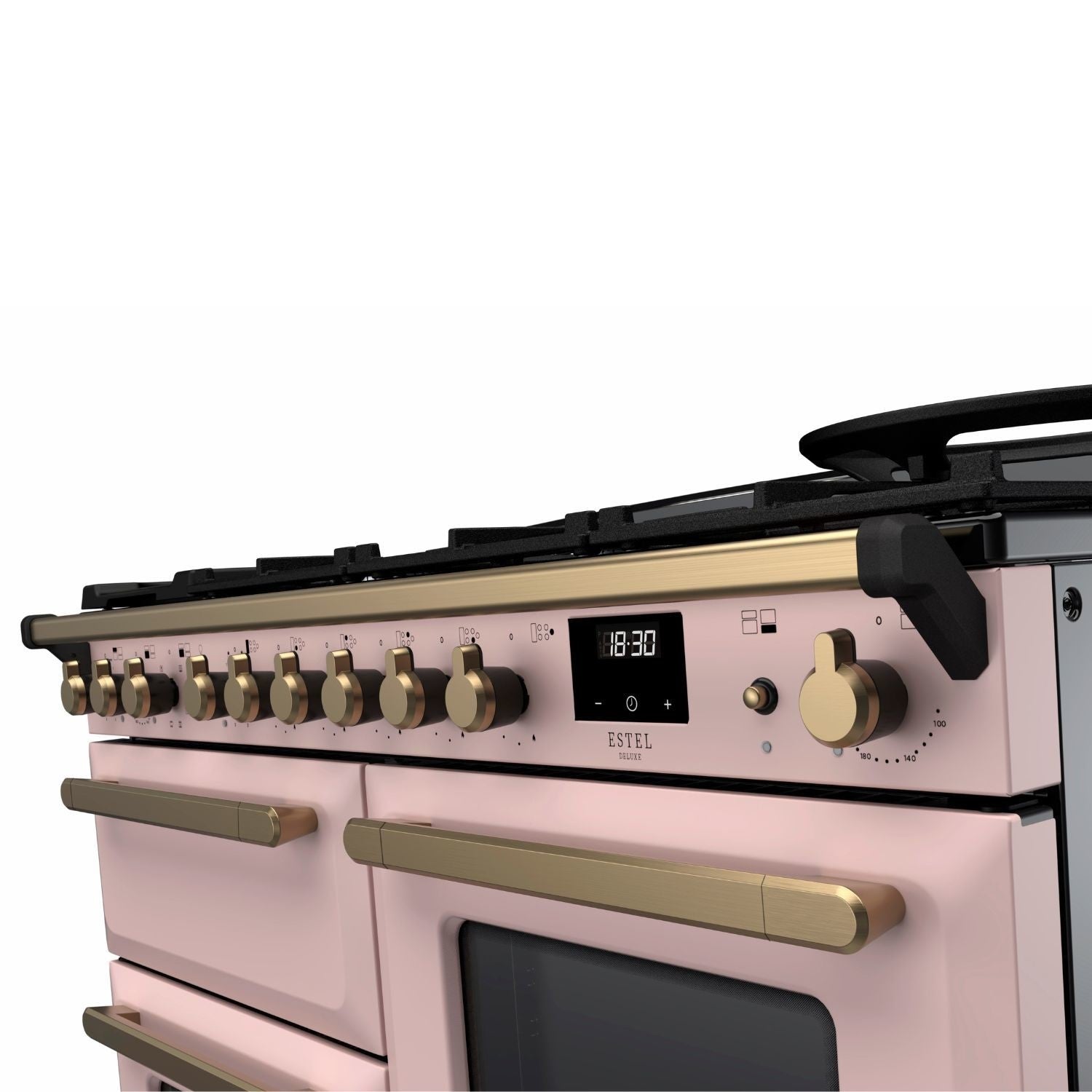 Rangemaster Estel Deluxe 110 Dual Fuel range cooker in Pale Pink with Antique Brass trim
