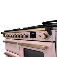 Rangemaster Estel Deluxe 110 Dual Fuel range cooker in Pale Pink with Antique Brass trim