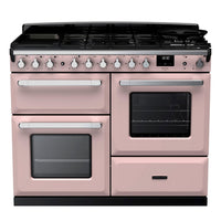 Rangemaster Estel Deluxe 110 Dual Fuel range cooker in Pale Pink with Chrome trim