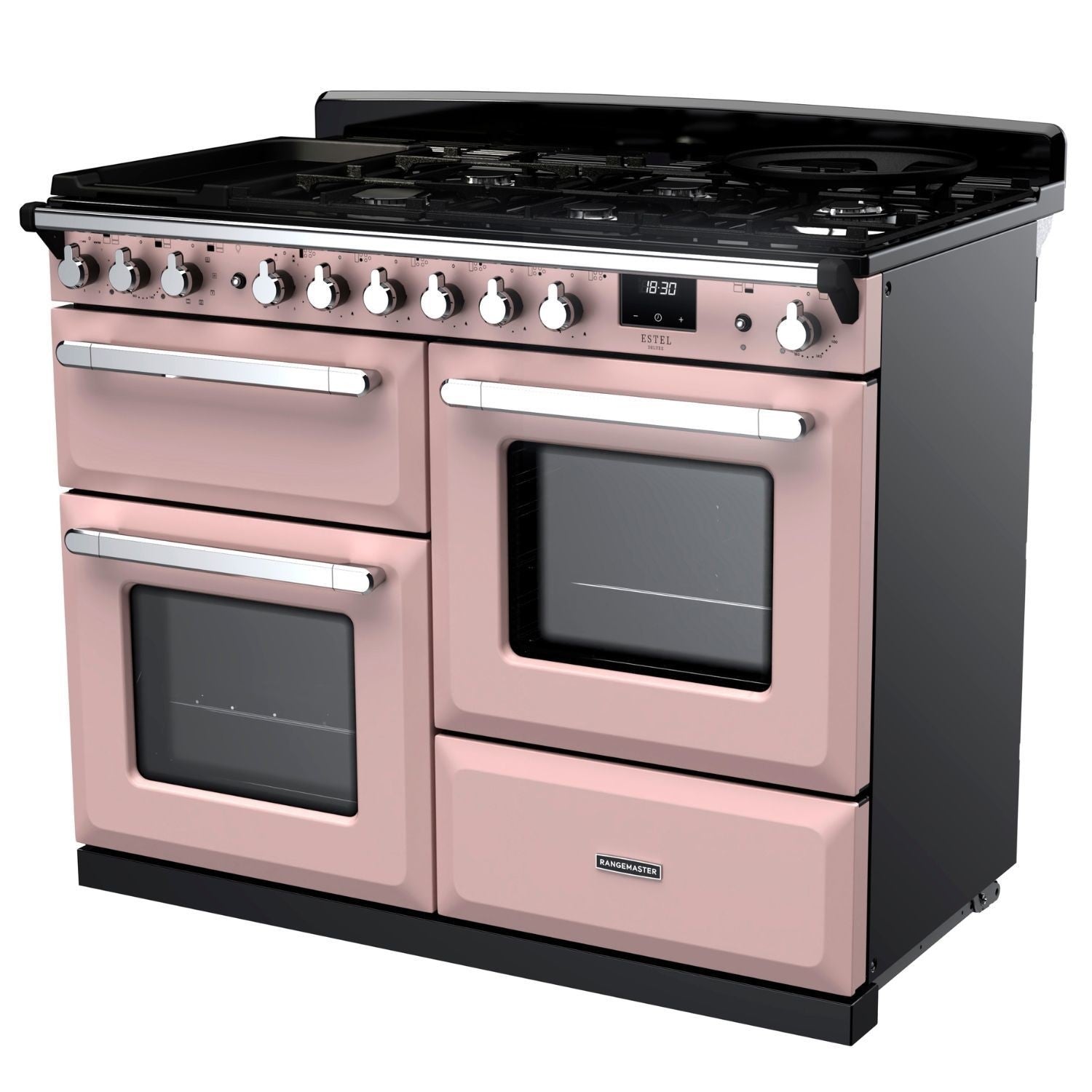 Rangemaster Estel Deluxe 110 Dual Fuel range cooker in Pale Pink with Chrome trim