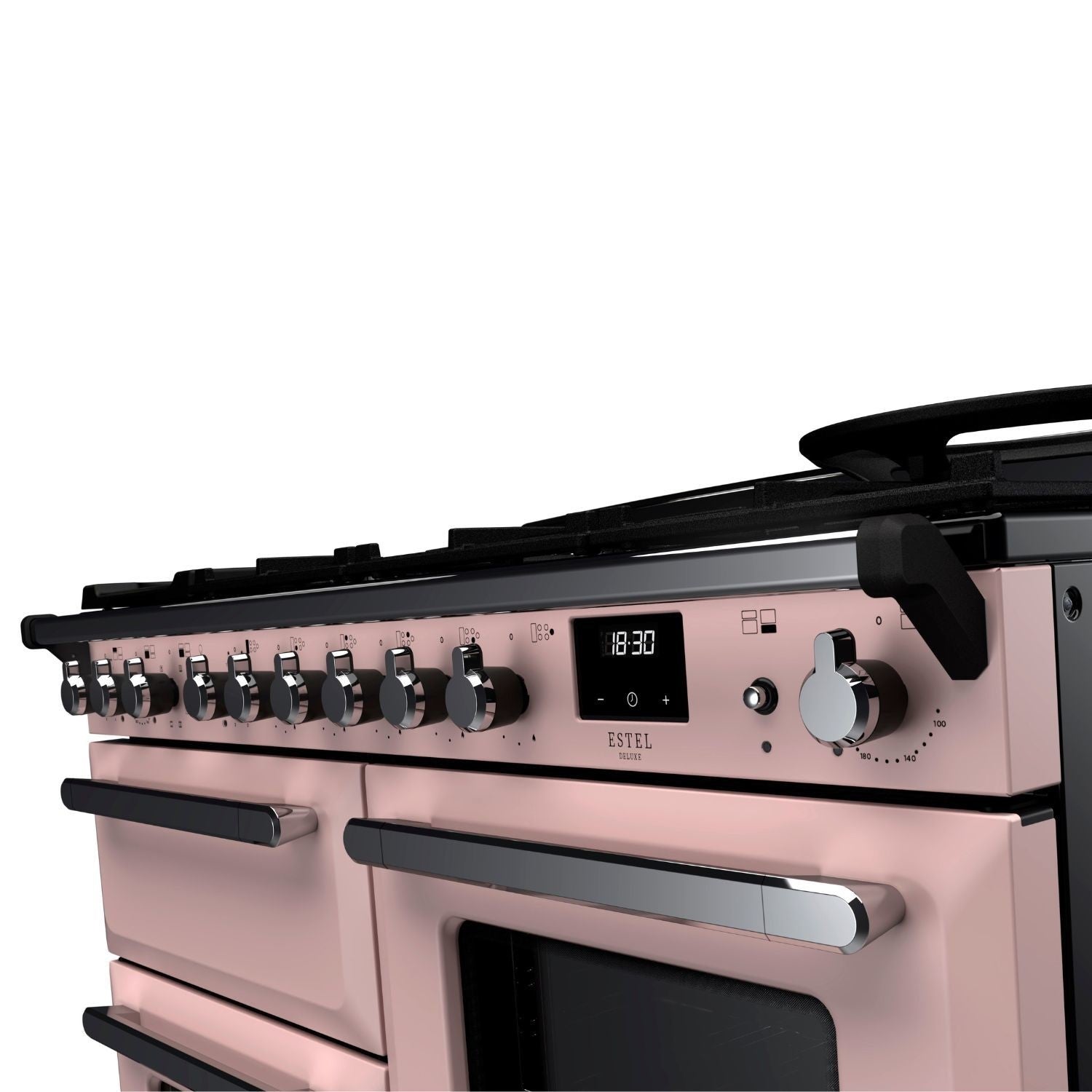 Rangemaster Estel Deluxe 110 Dual Fuel range cooker in Pale Pink with Chrome trim