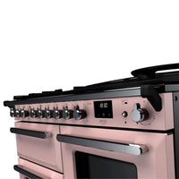 Rangemaster Estel Deluxe 110 Dual Fuel range cooker in Pale Pink with Chrome trim