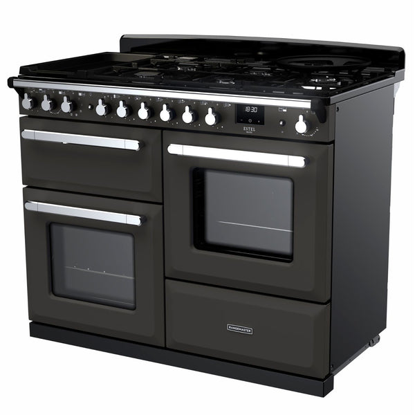 Rangemaster Estel Deluxe 110 Dual Fuel range cooker in Slate with Chrome trim