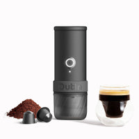 Outin Mino portable electric espresso machine in Space Grey with capsule adapter, filter basket and coffee cup