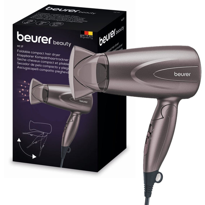 Beurer HC 17 Foldable Compact Hair Dryer retail packaging box, purple/mauve