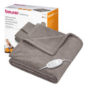 Beurer HD 75 Heated Overblanket Taupe retail packaging box next to folded blanket