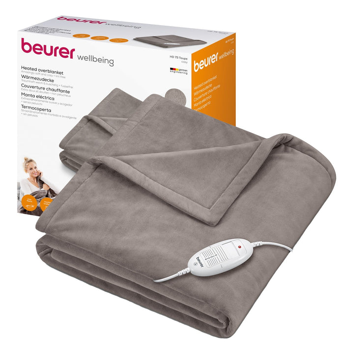 Beurer HD 75 Heated Overblanket Taupe retail packaging box next to folded blanket