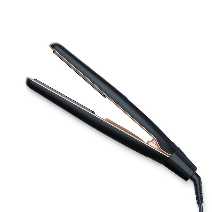 Beurer HS 100 Hair Straightener open, black plates with rose gold trim