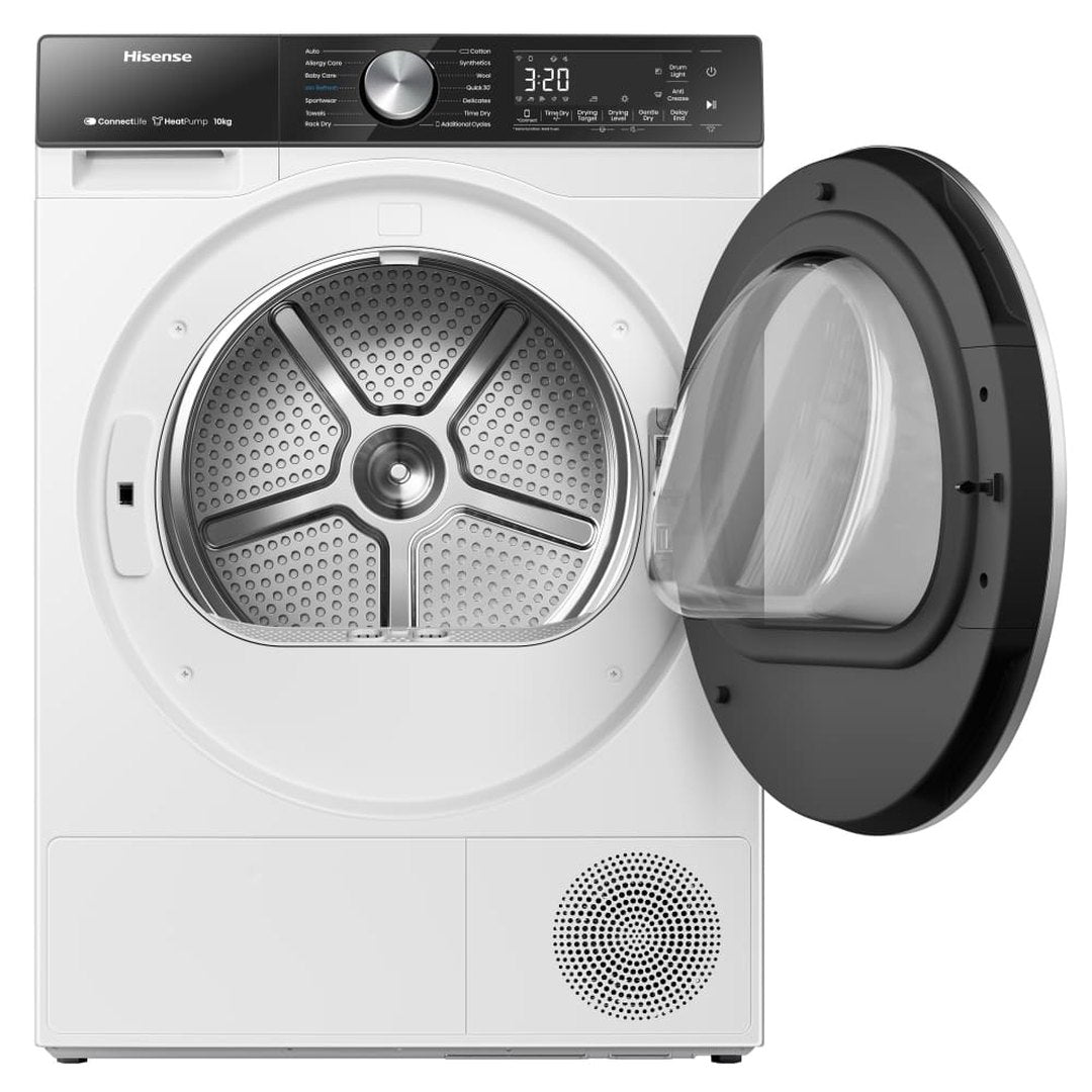 Hisense 10kg Heat Pump Tumble Dryer - White - front view with door open showing the drum