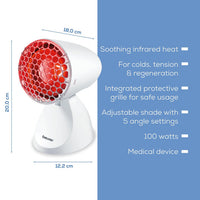 Beurer IL 11 Infrared Lamp 100W with dimensions and spec callouts, 18x20x12.2cm
