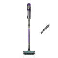 Shark PowerDetect Cordless Vacuum Cleaner in Grey with purple accents, upright with motorised head attachment shown separately — studio view