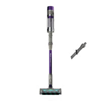 Shark PowerDetect Cordless Vacuum Cleaner in Grey with purple accents, upright with motorised head attachment shown separately — studio view