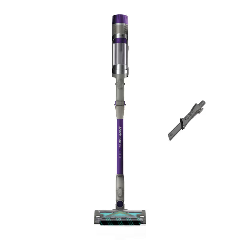 Shark PowerDetect Cordless Vacuum Cleaner in Grey with purple accents, upright with motorised head attachment shown separately — studio view