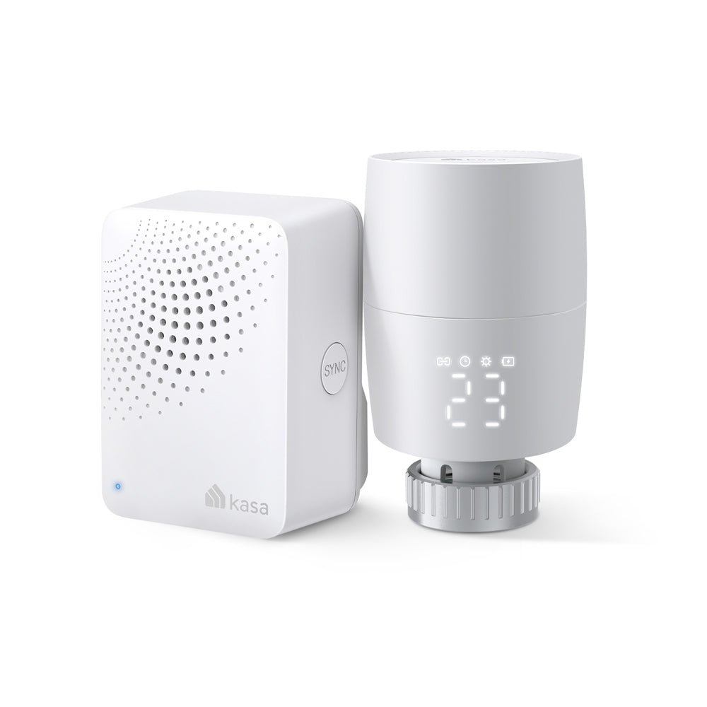Kasa KE100 smart thermostatic radiator valve starter kit — product view showing valve and hub together