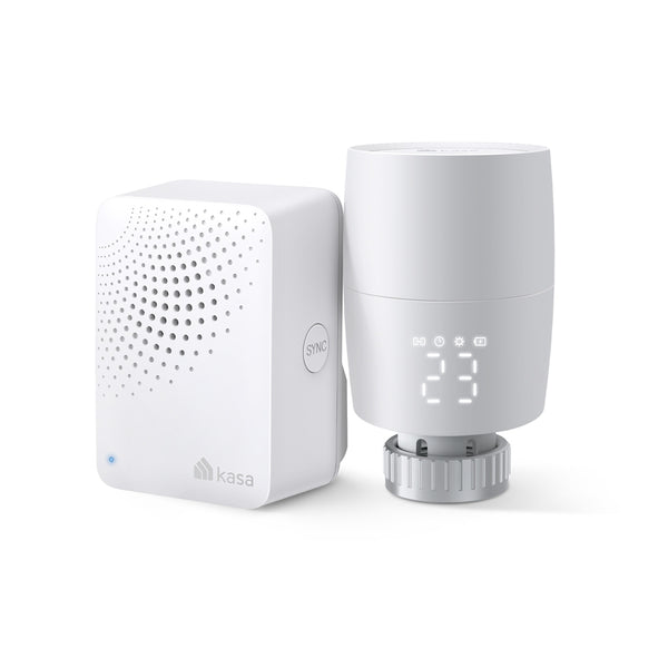 Kasa KE100 smart thermostatic radiator valve starter kit — product view showing valve and hub together