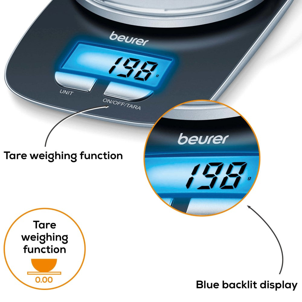 Beurer KS 25 Kitchen Scale detail, tare weighing function and blue backlit display