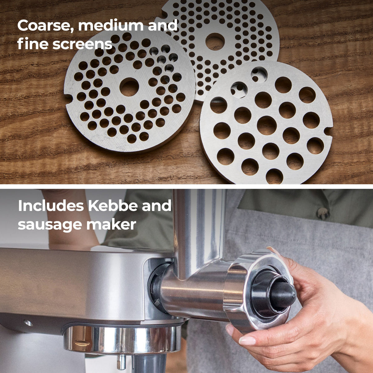 Kenwood Chef Food Mincer Attachment - Silver - coarse, medium and fine screens with kebbe and sausage maker