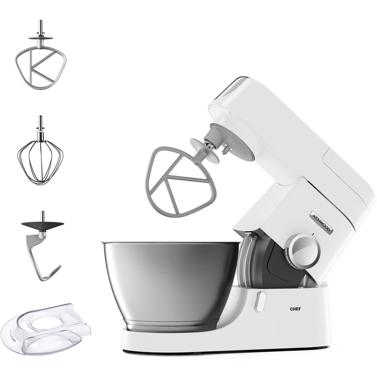 Kenwood Kitchen Chef Machine - White - front view with K-beater, whisk, dough hook and splashguard