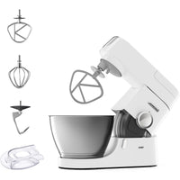 Kenwood Kitchen Chef Machine - White - front view with K-beater, whisk, dough hook and splashguard