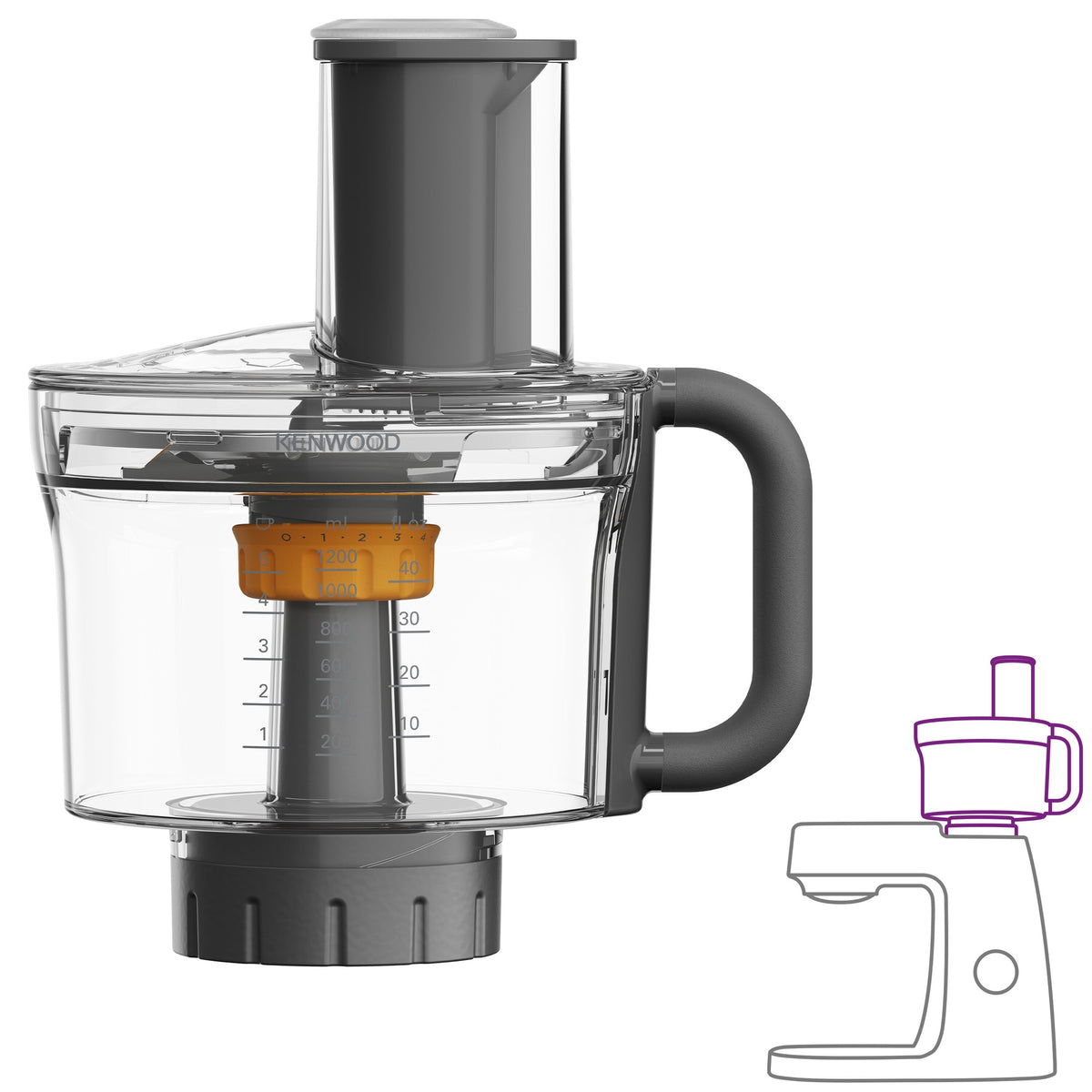 Kenwood Chef/kMix Food Processor Attachment - Clear - front view with compatibility diagram