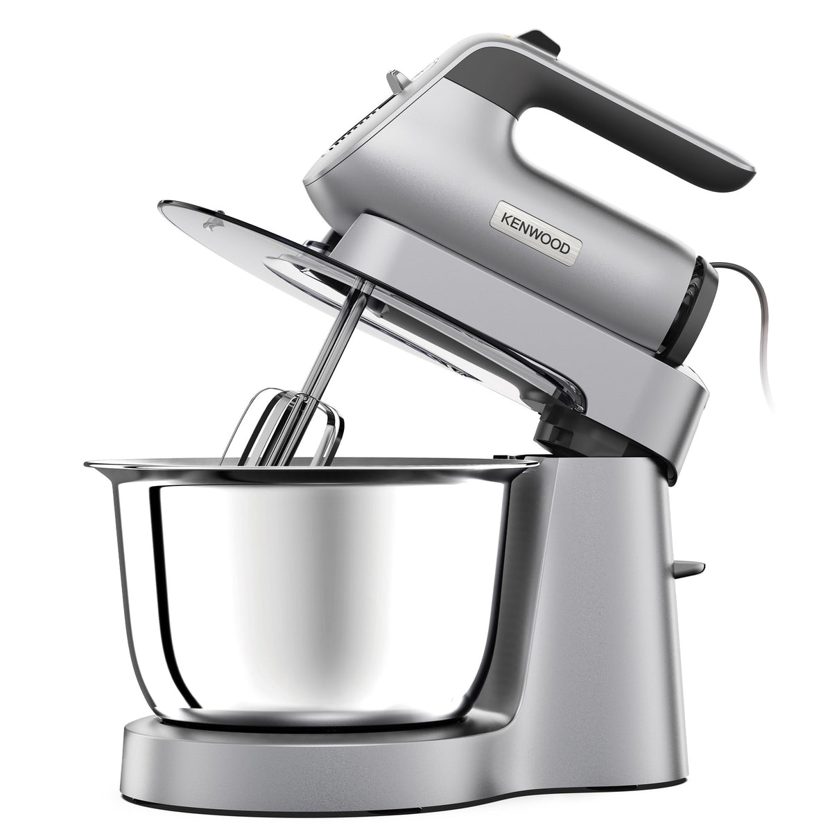 Kenwood Chefette Mixer - Silver - front view on the stand with stainless steel bowl