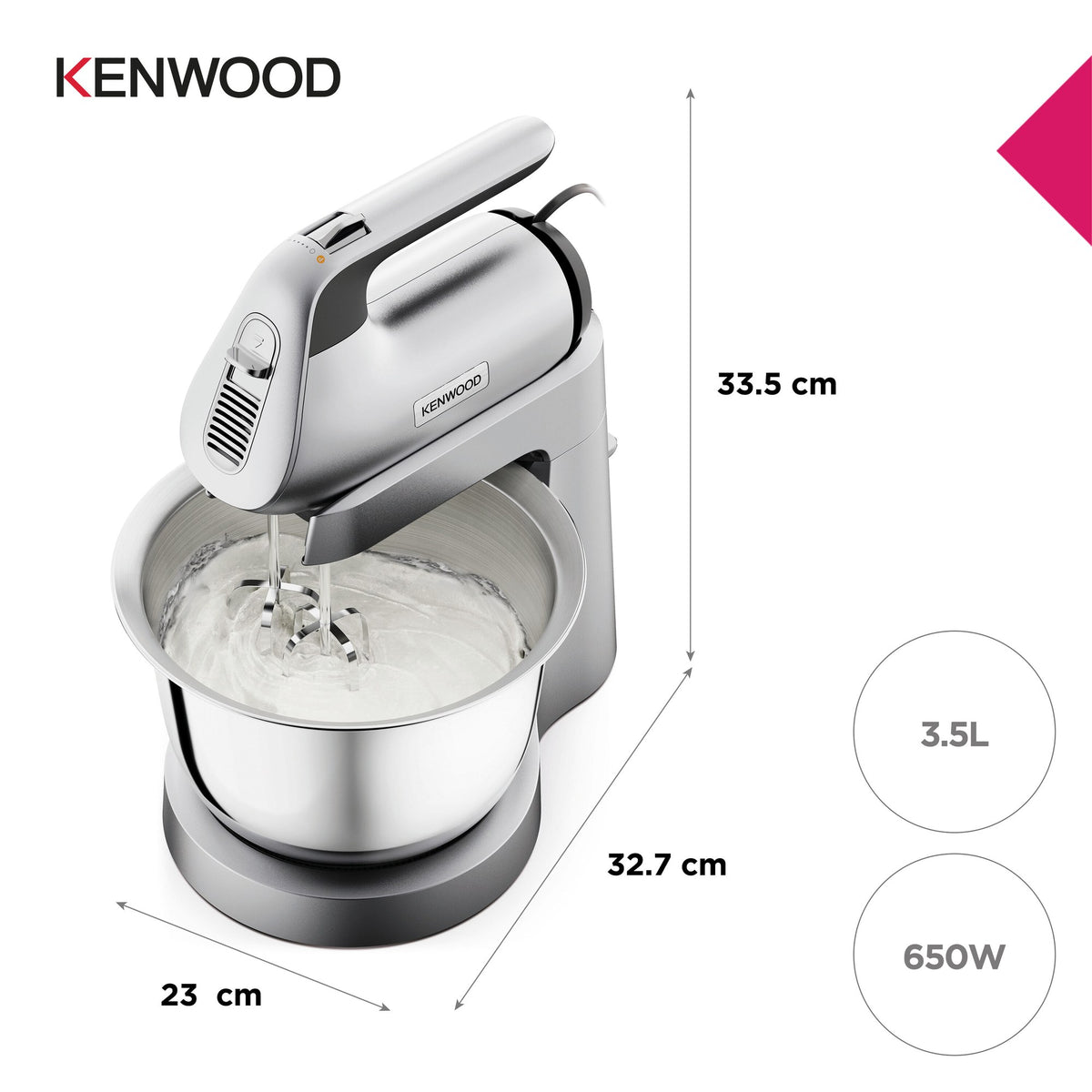 Kenwood Chefette Mixer - Silver - dimensions, 3.5L bowl and 650W power