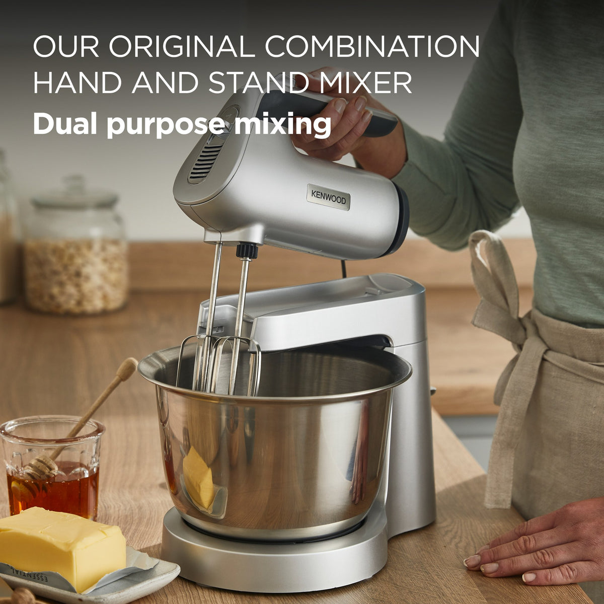Kenwood Chefette Mixer - Silver - hand mixer lifted from the stand for dual-purpose mixing