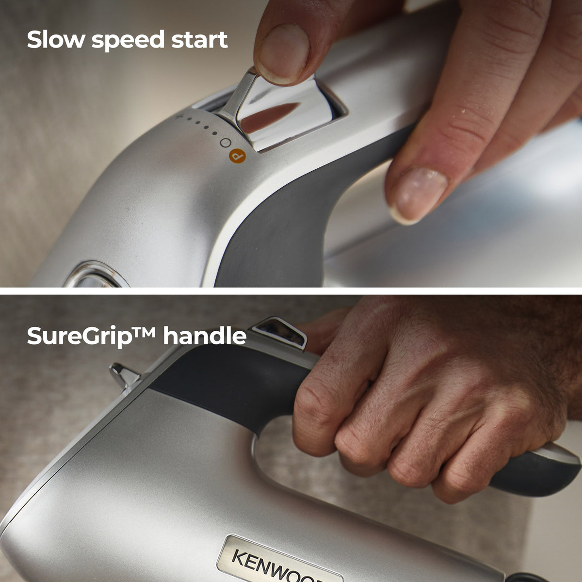 Kenwood Chefette Mixer - Silver - slow speed start and SureGrip handle close-up