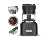 Kenwood Duo Prep Chopper and Grinder - Black - front view with grinder bowl and spatula