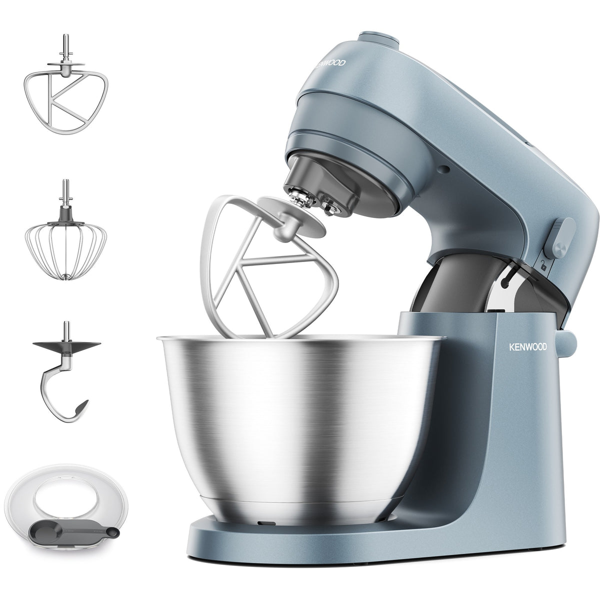 Kenwood Go Stand Mixer - Storm Blue - front view with K-beater, whisk, dough tool and splashguard