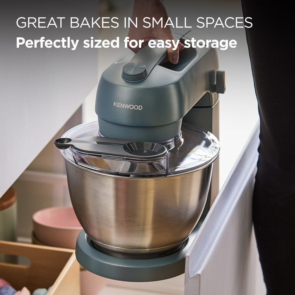 Kenwood Go Stand Mixer - Storm Blue - compact size stored under a kitchen cupboard