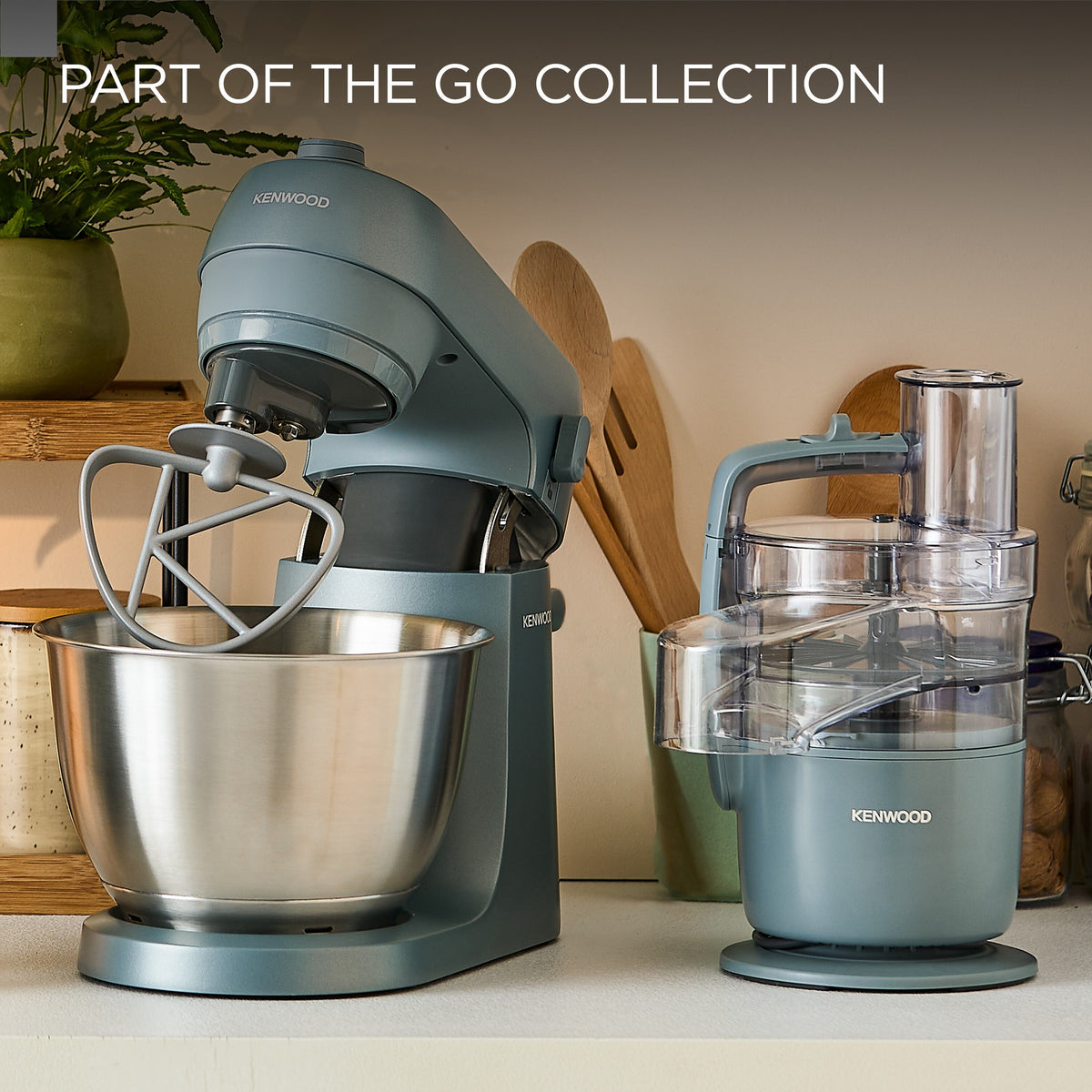 Kenwood Go Stand Mixer - Storm Blue - on the worktop beside a Kenwood Go food processor
