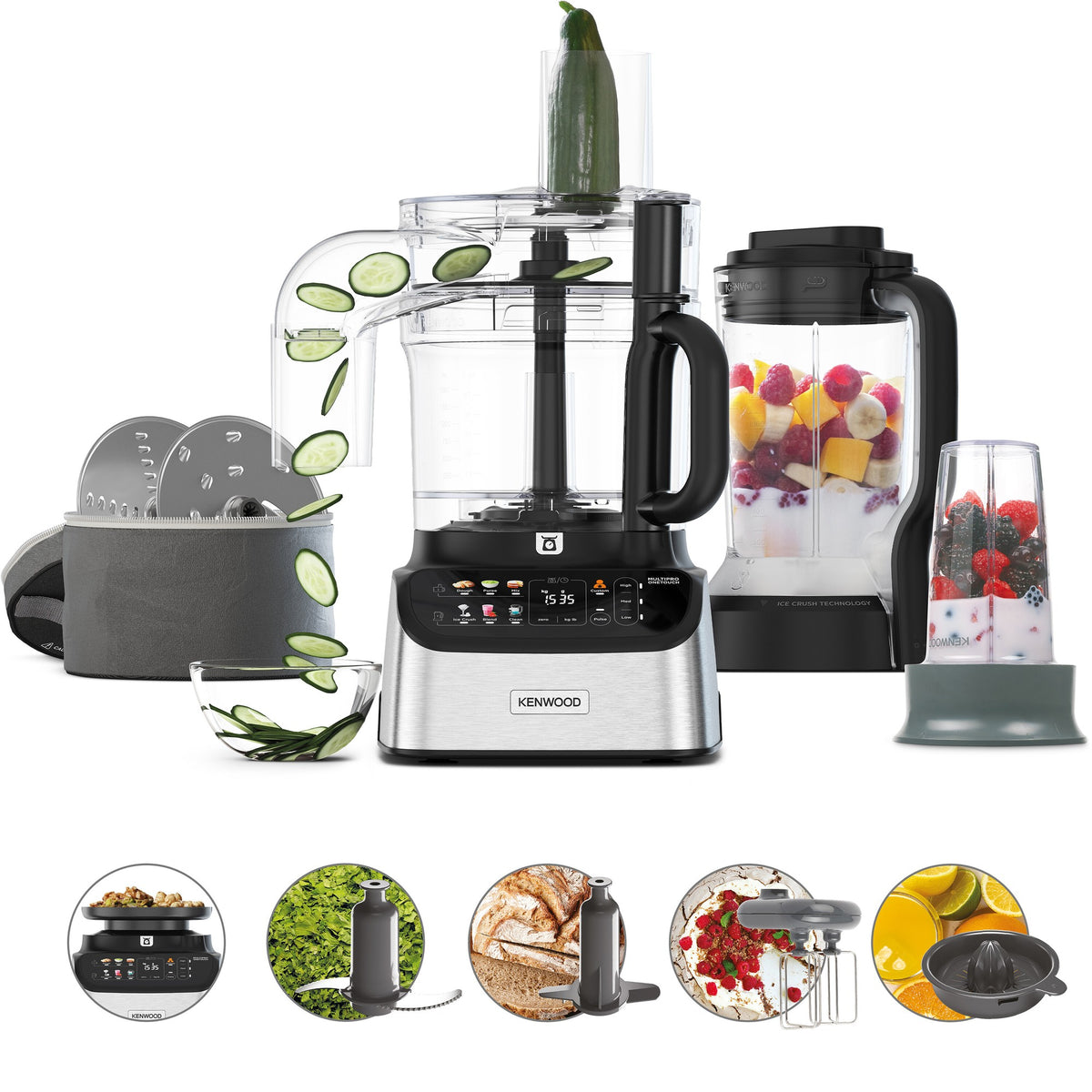 Kenwood MultiPro OneTouch Food Processor - Silver - front view with blender, personal blender and attachments