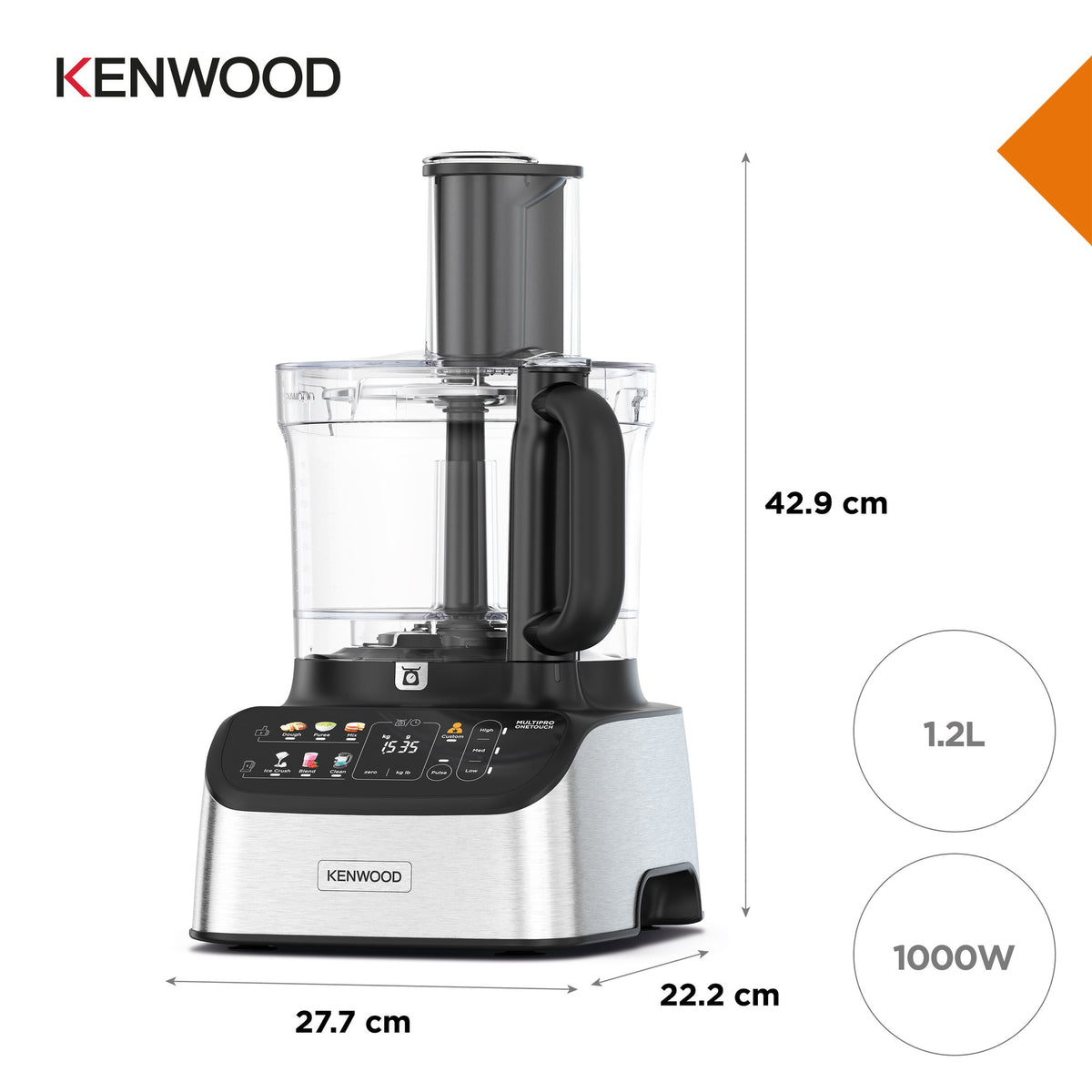Kenwood MultiPro OneTouch Food Processor - Silver - dimensions 27.7 x 22.2 x 42.9cm and 1000W motor