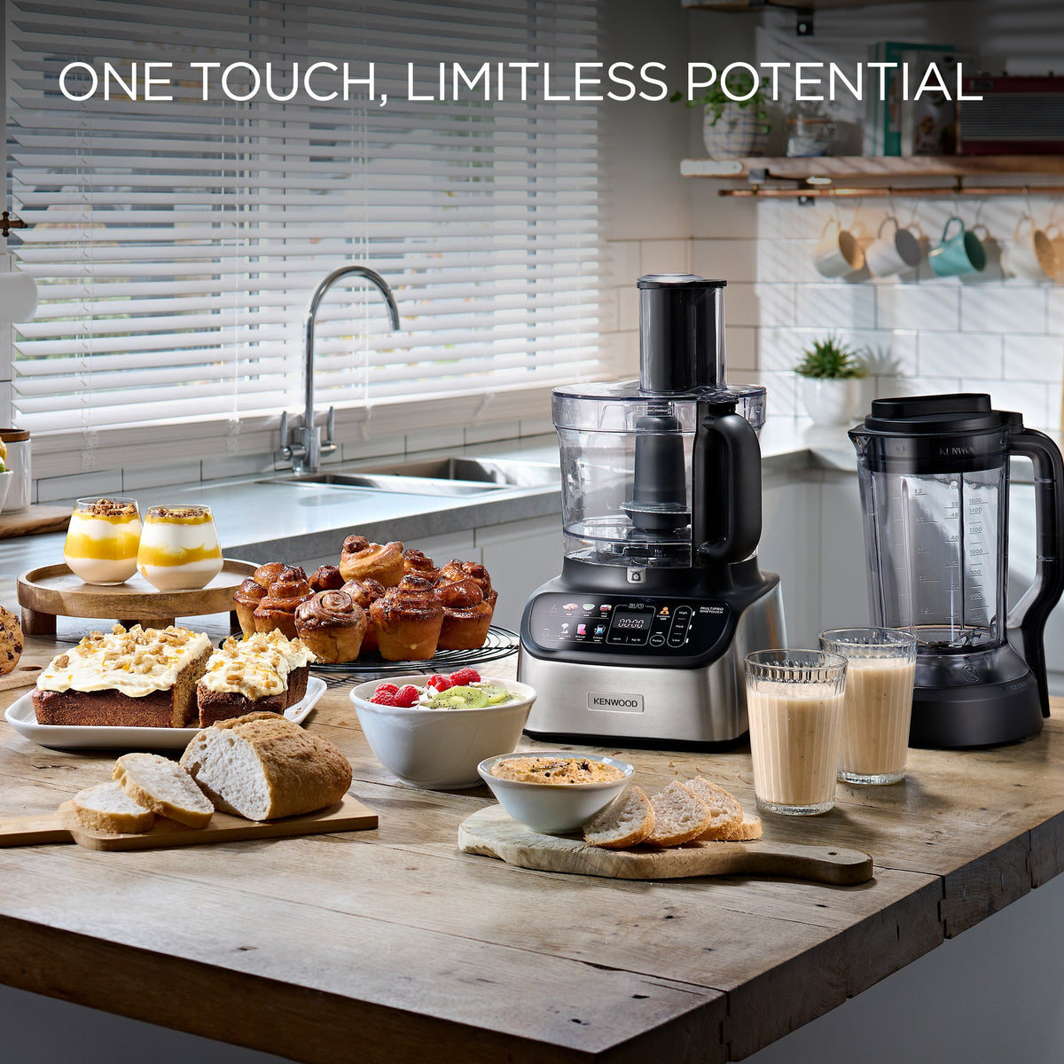 Kenwood MultiPro OneTouch Food Processor - Silver - on a kitchen worktop with baked goods