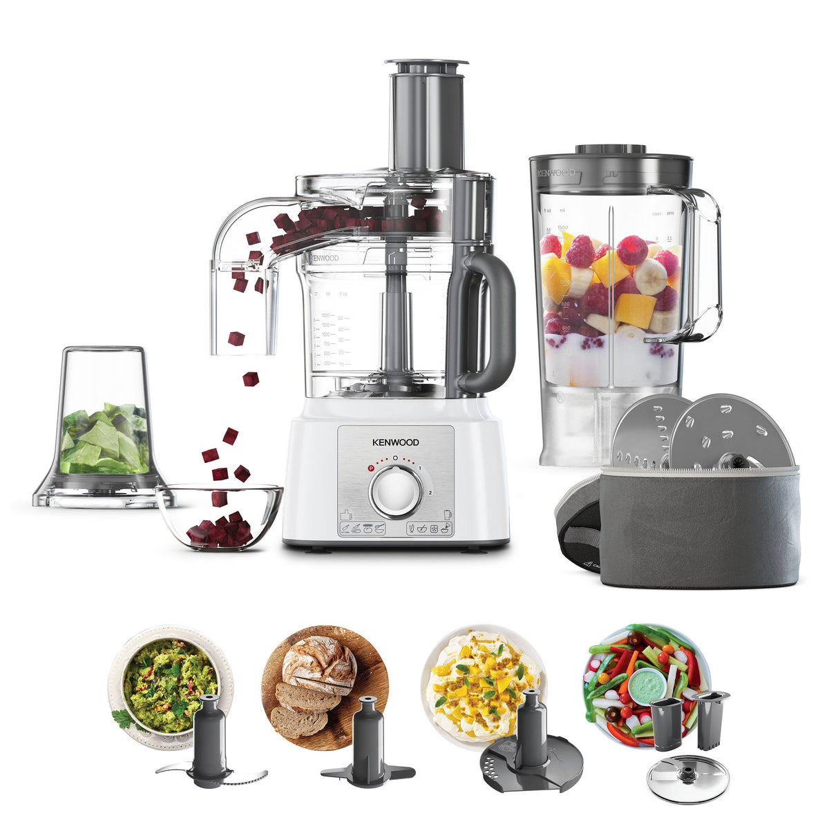 Kenwood Multipro Express Food Processor - White - front view with blender, multi mill and attachments