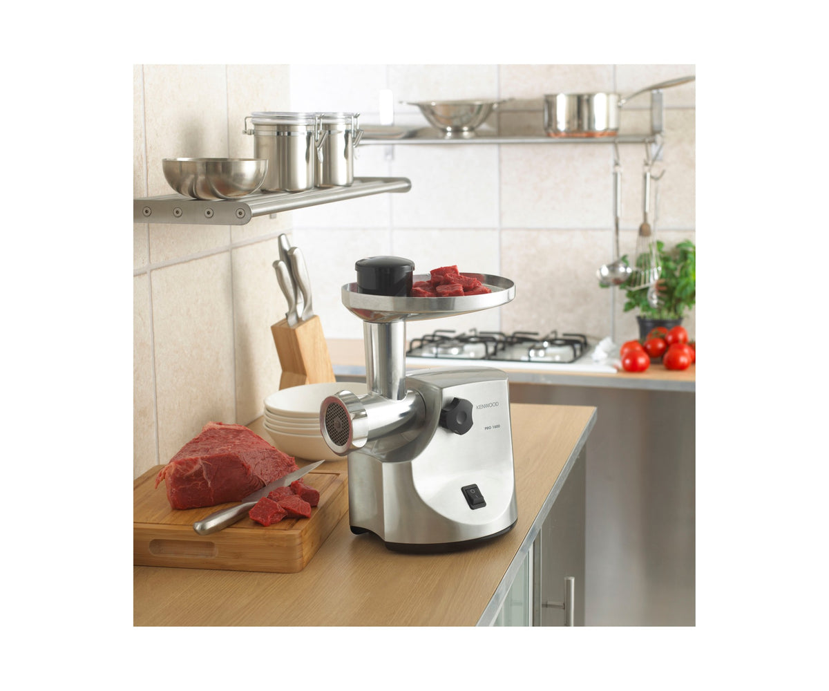 Kenwood Pro 1600W Meat Grinder - Silver - on a kitchen worktop