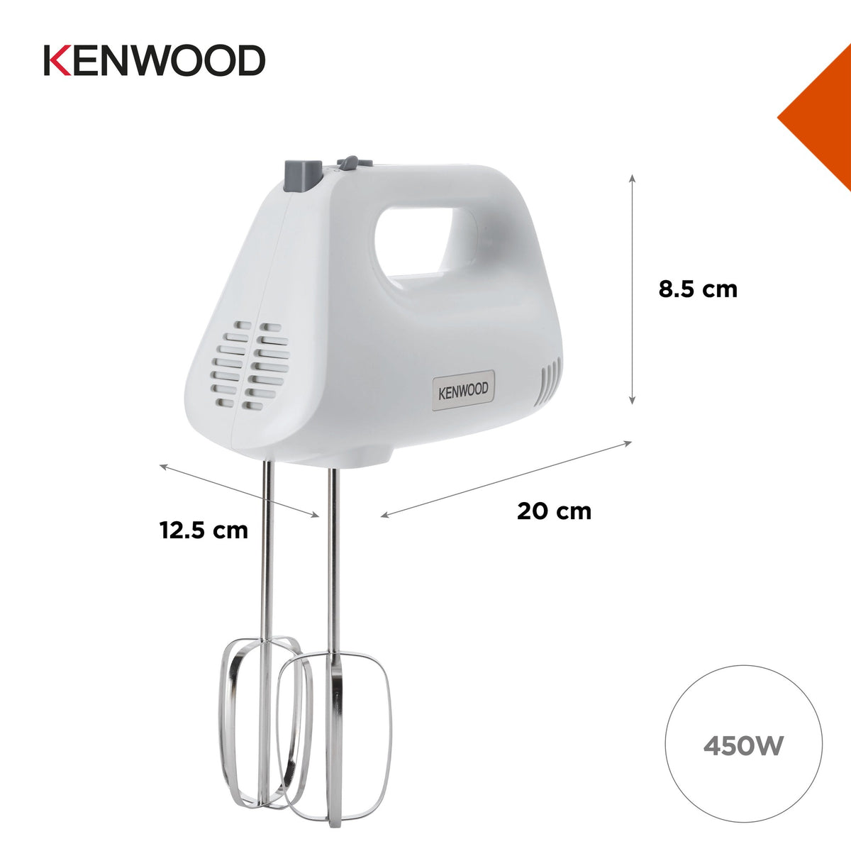Kenwood 450W Hand Mixer - White - dimensions and 450W motor