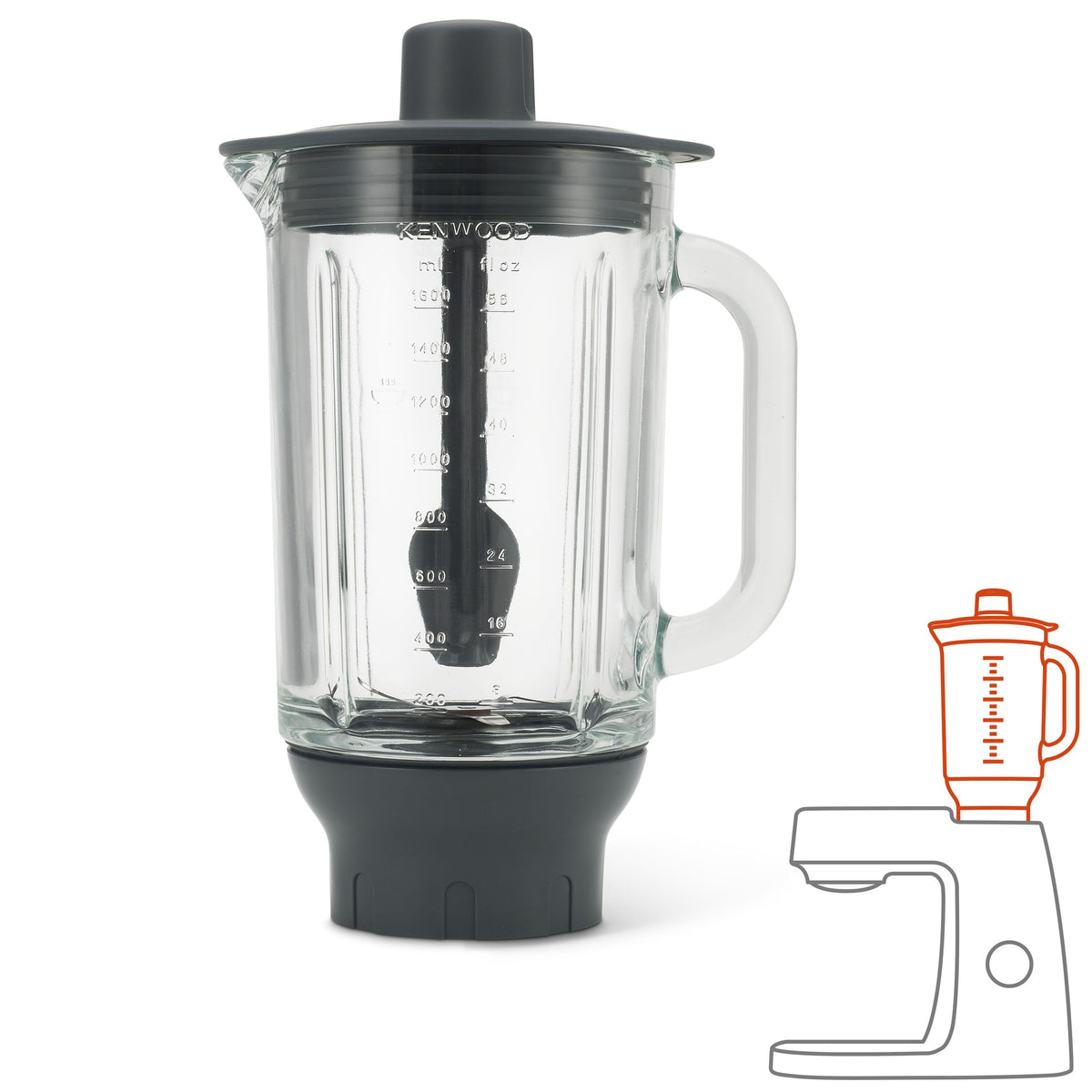 Kenwood ThermoResist Glass Blender Attachment - Clear Glass - front view with Kenwood Chef compatibility