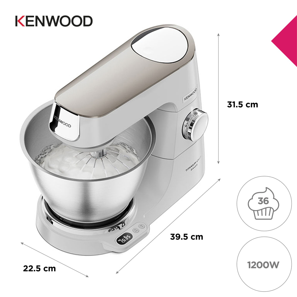 Kenwood Titanium Chef - White - dimensions, 1200W motor and 36-cupcake bowl capacity