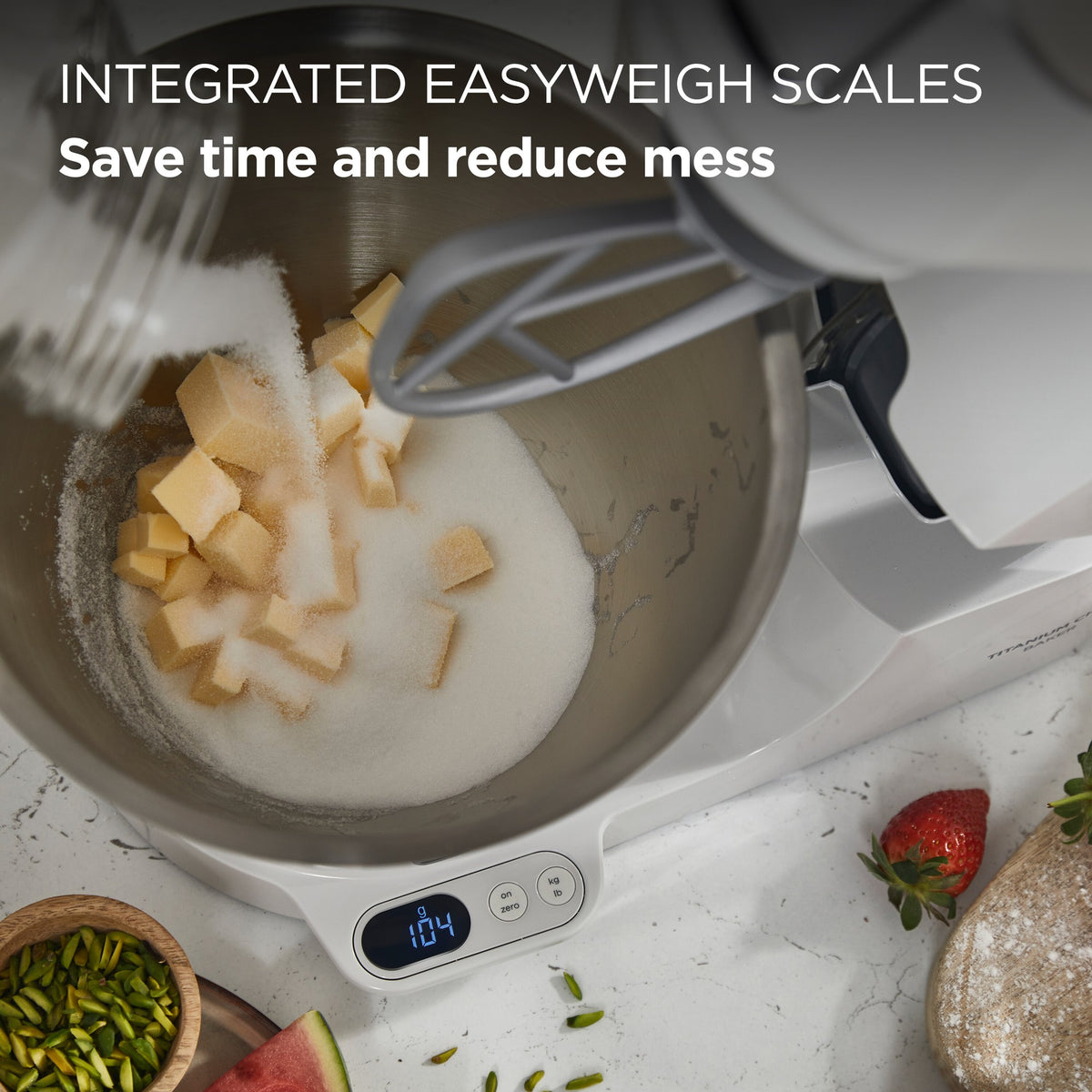 Kenwood Titanium Chef - White - integrated EasyWeigh scales weighing butter into the bowl