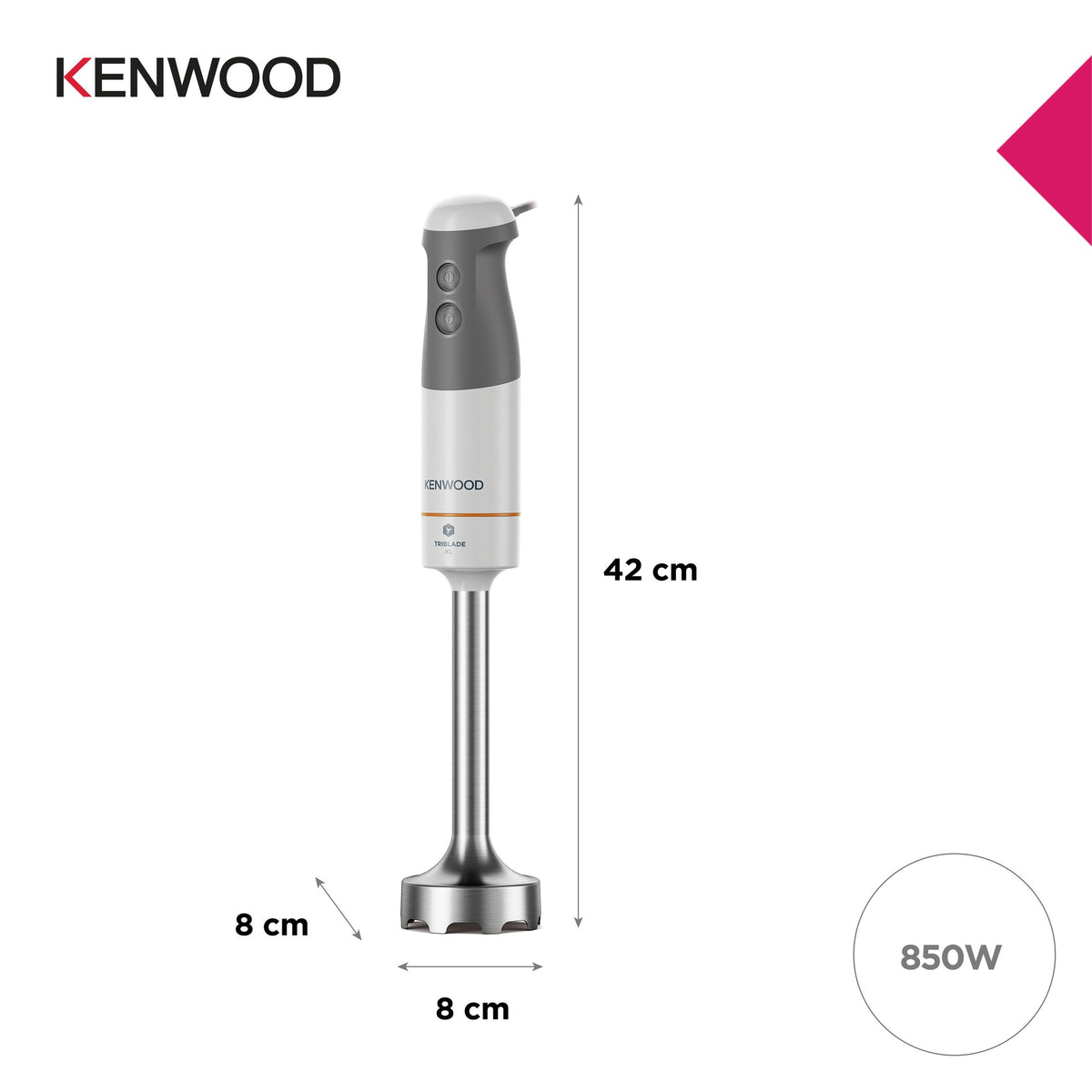 Kenwood Triblade XL+ Hand Blender - White - dimensions and 850W motor