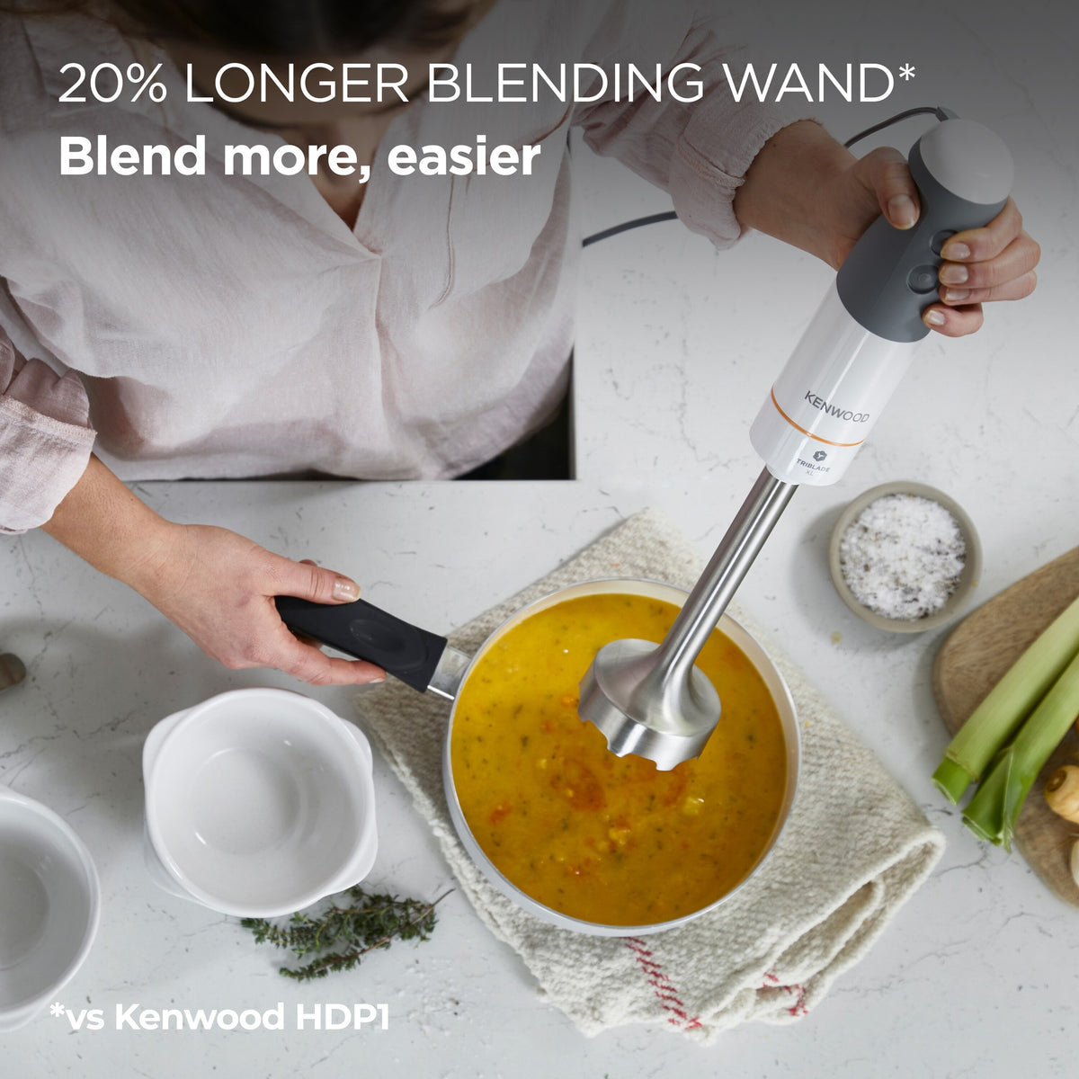 Kenwood Triblade XL+ Hand Blender - White - 20% longer blending wand in a saucepan