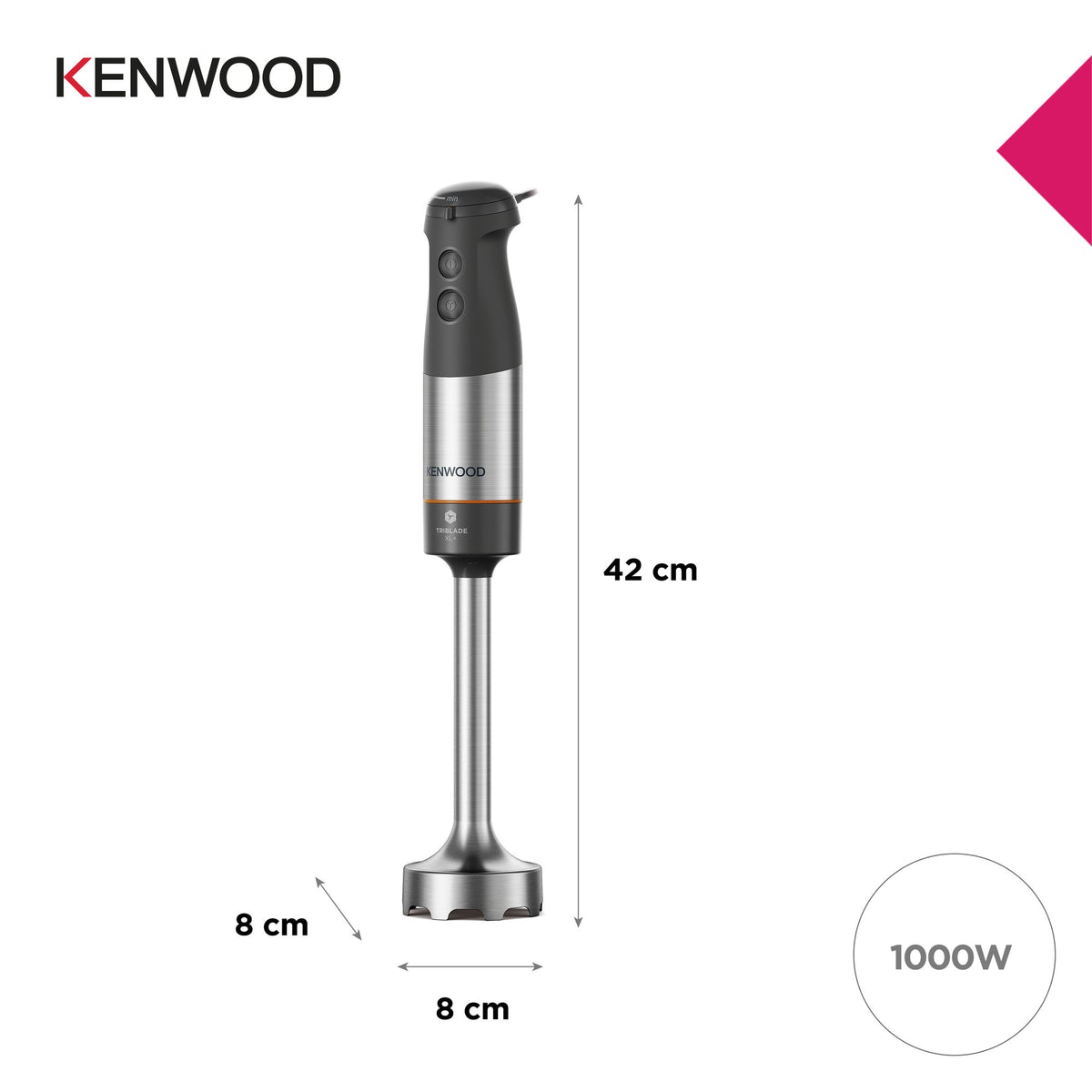 Kenwood Triblade XL+ 1000W Hand Blender - Grey - dimensions and 1000W motor
