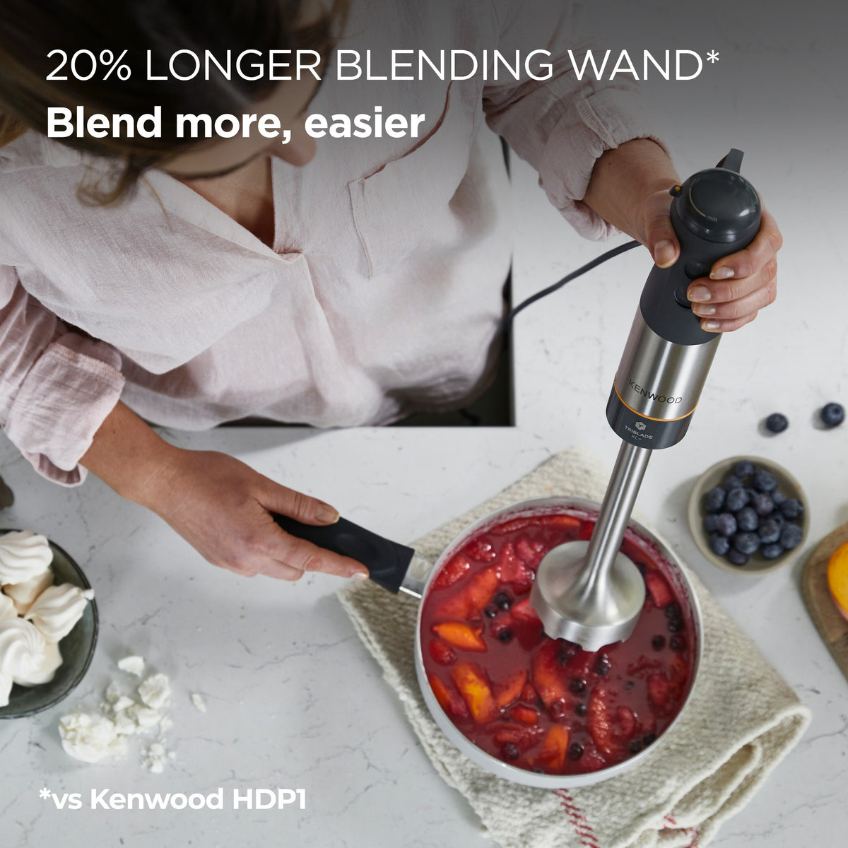 Kenwood Triblade XL+ 1000W Hand Blender - Grey - 20% longer blending wand in a saucepan