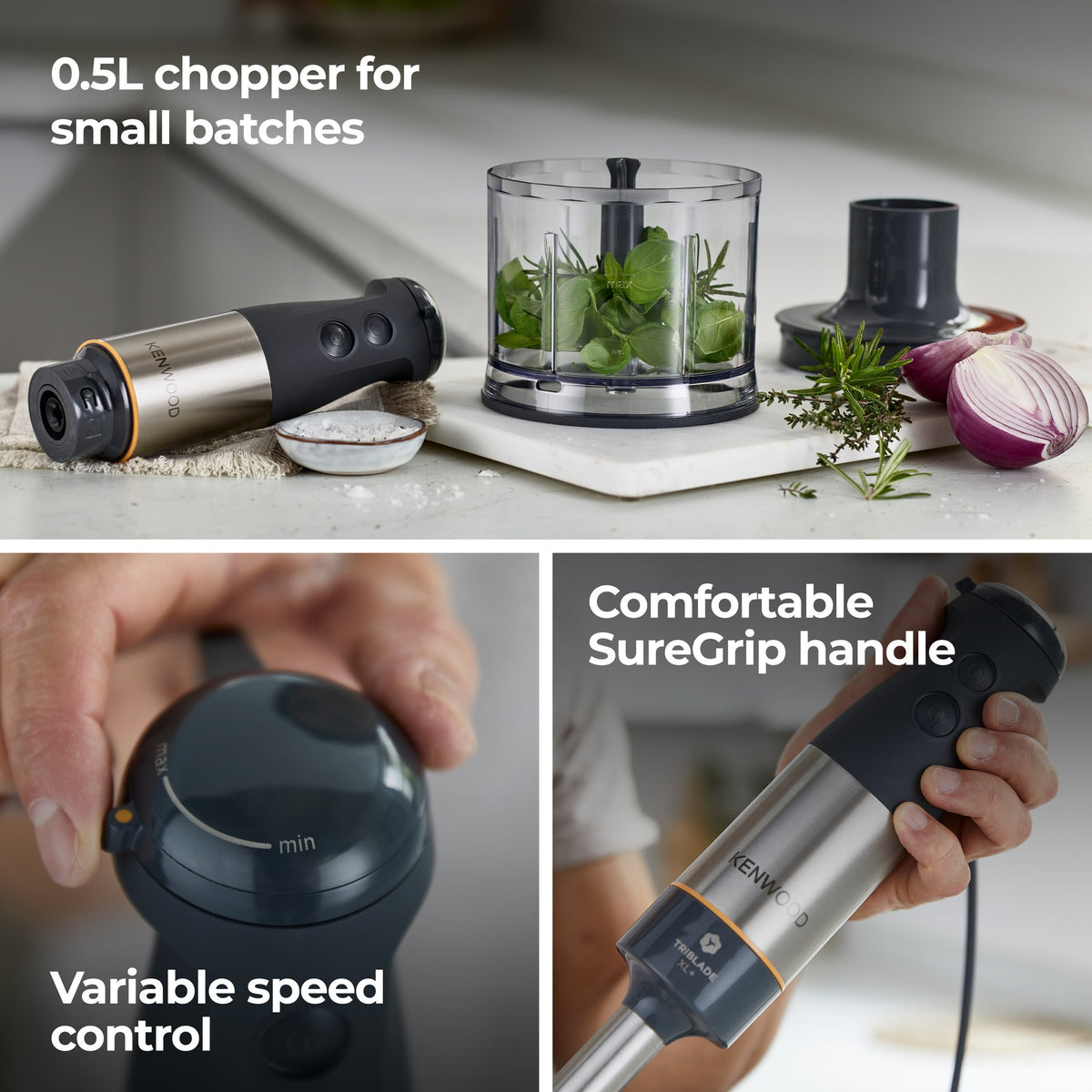 Kenwood Triblade XL+ 1000W Hand Blender - Grey - 0.5L chopper, variable speed and SureGrip handle
