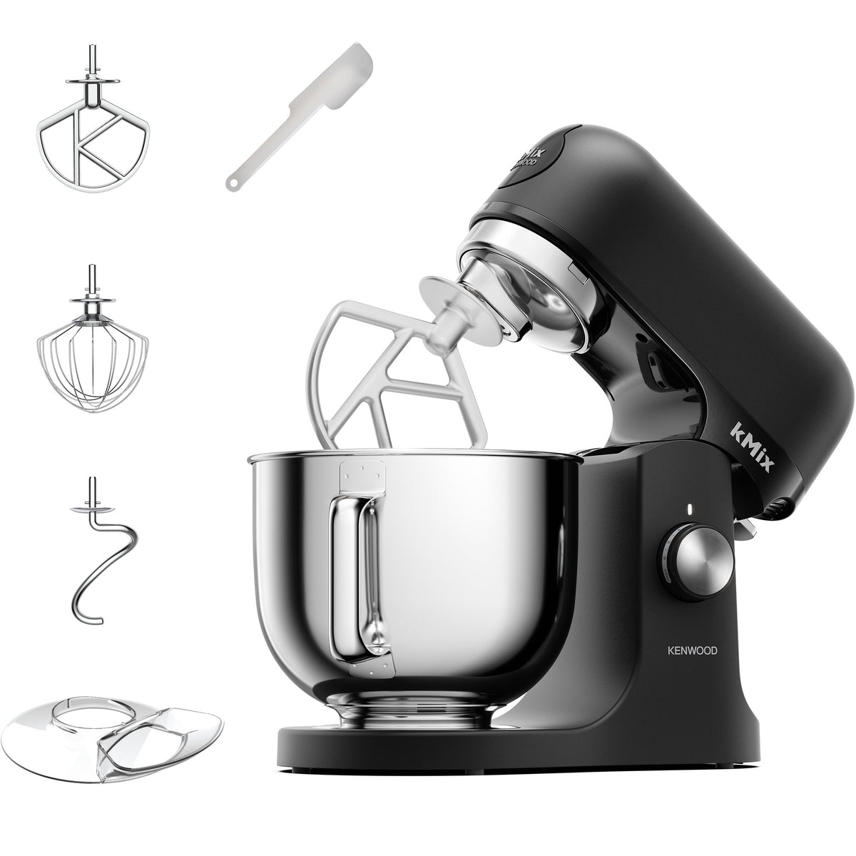Kenwood kMix 5L Stand Mixer - Black - front view with tools, spatula and splashguard
