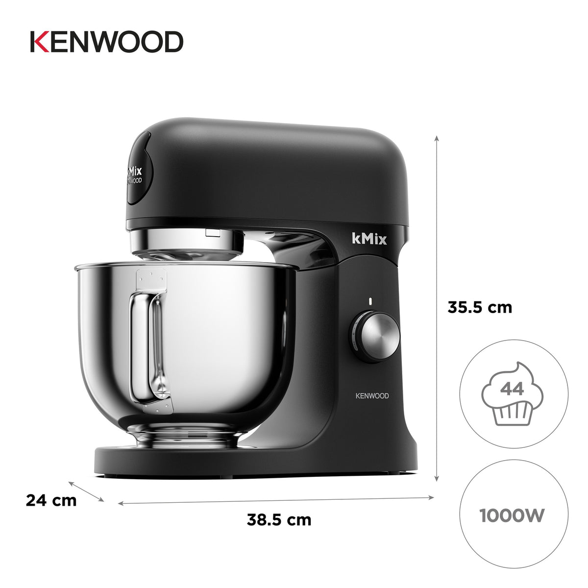 Kenwood kMix 5L Stand Mixer - Black - dimensions, 1000W motor and 44-cupcake bowl capacity